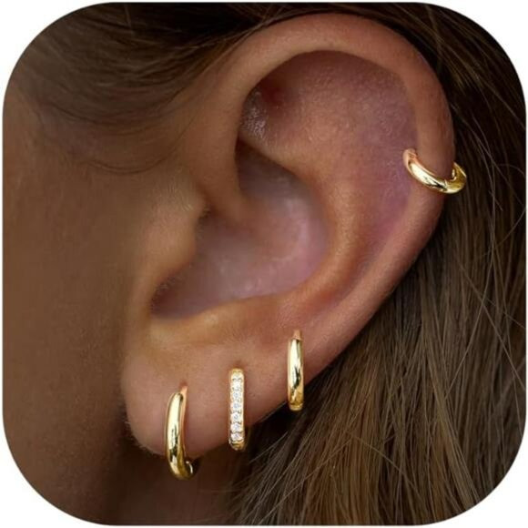 Small gold huggie hoop earrings set hypoallergenic 14k gold plated cartilage - Picture 1 of 7